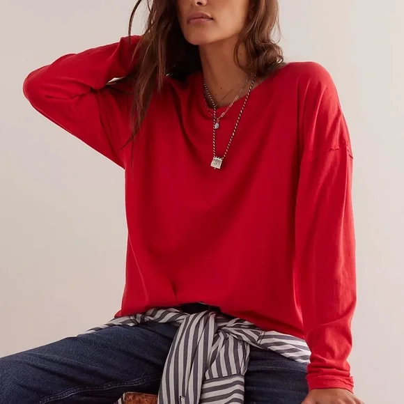 FREE PEOPLE NINA LONG SLEEVE TOP MEDIUM AND LARGE RED - Picture 2 of 4